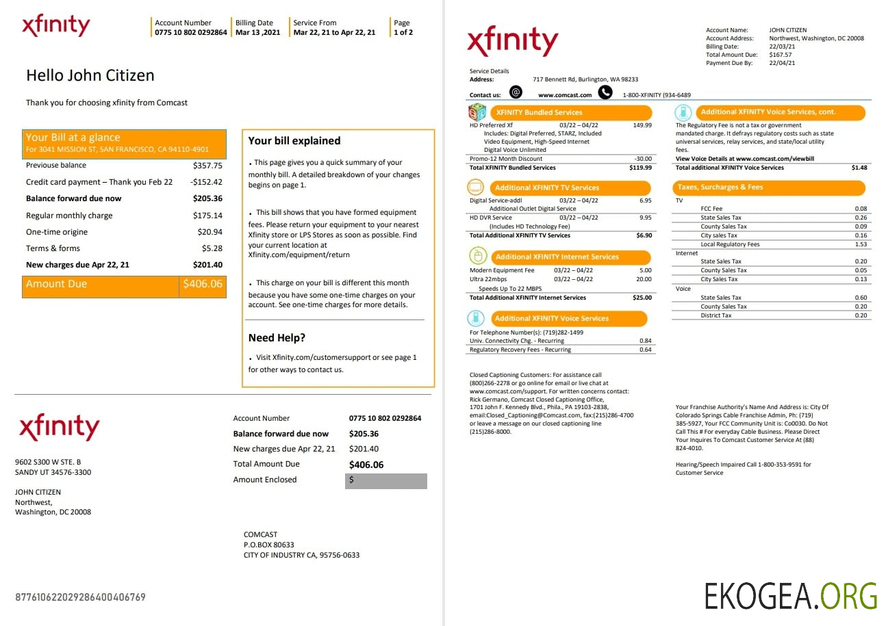 USA San Francisco Xfinity Comcast utility bill template in Word and PDF format (2 pages)